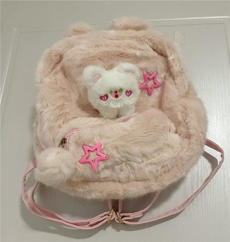 Y2K Bear Cartoon Doll Plush Fluff Cute Mini School Backpack Bag