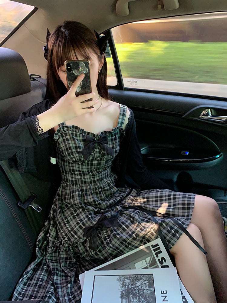 Sweet Retro Girl Check Plaid Black Suspender Dress