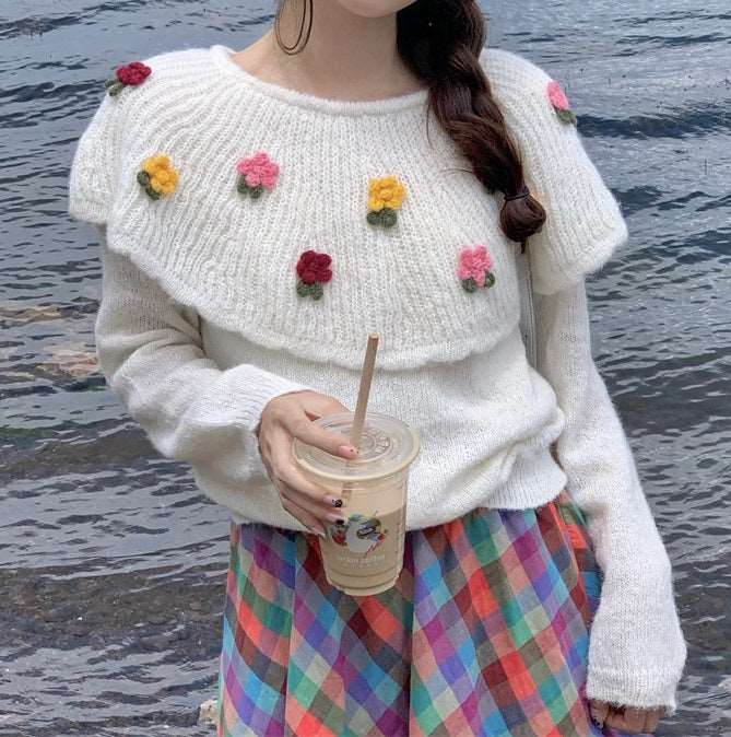 Autumn 3D Flower Cottagcore Vintage Embroidery Knitted White Pink Sweater