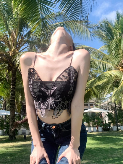 Sexy Black Butterfly Spaghetti Strap Tank Top Y2K Style Summer Girl