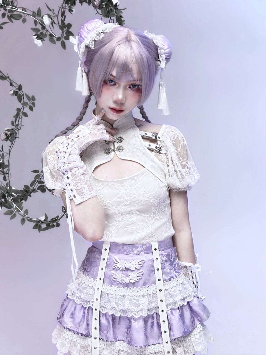 Salvation Gothic Punk Jacquard Buckle White Lace Lace Purple Short Cake Skirt