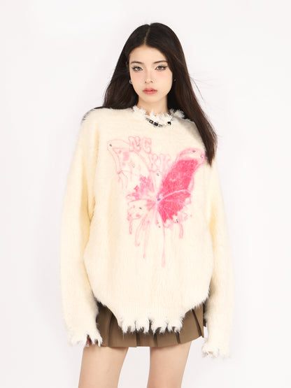 Butterfly Print Diamond Pullover Knitted Pink White Oversize Sweater