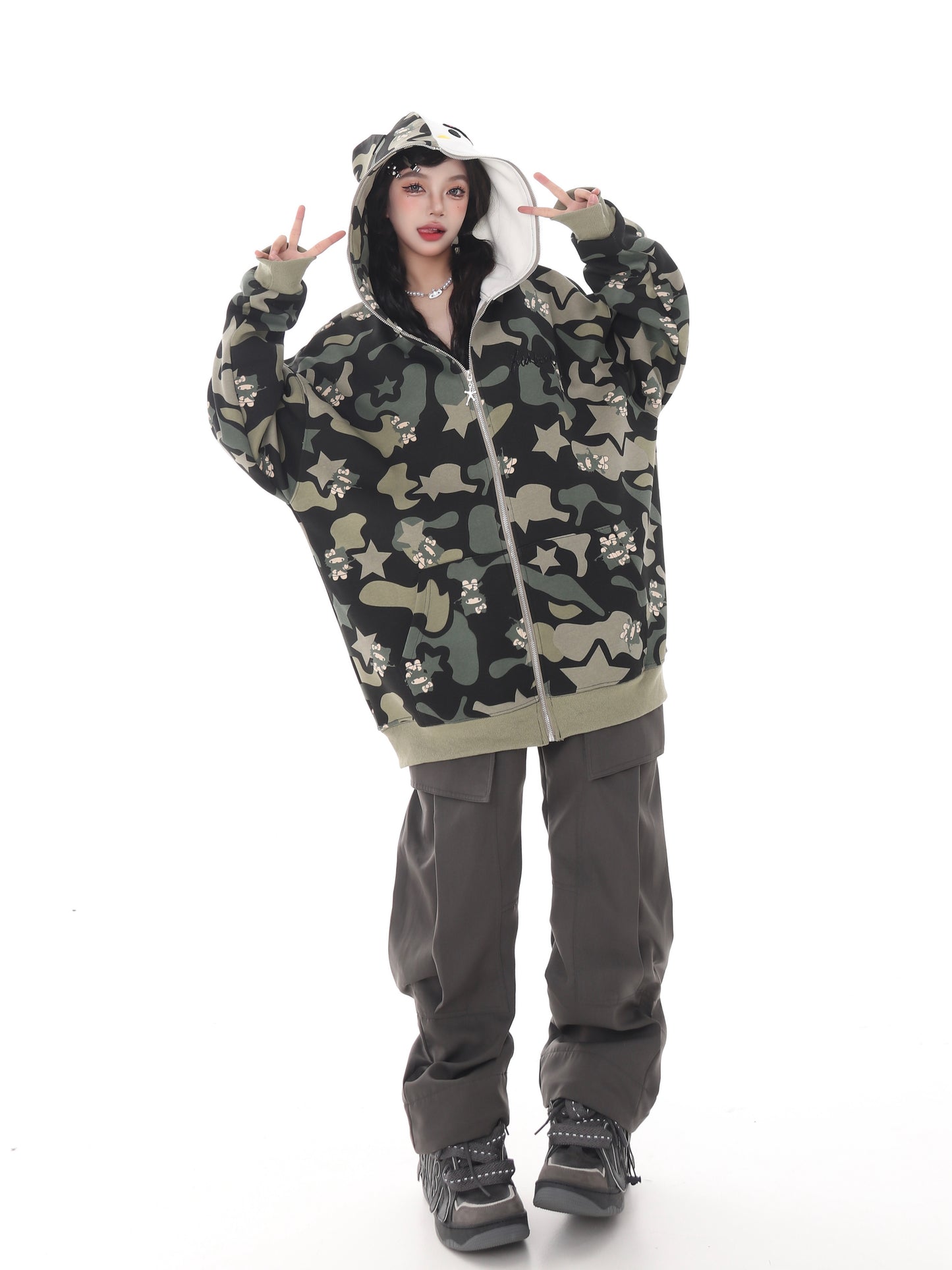 Cute Kitty Cat Print Pink Green Camouflage Y2K Oversize Hoodie Jacket