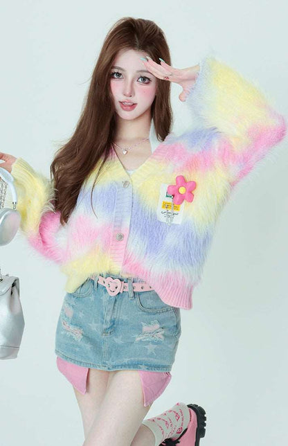 Bubblegum Rainbow Colorful Flower Y2K Spring V Neck Knitted Sweater Cardigan