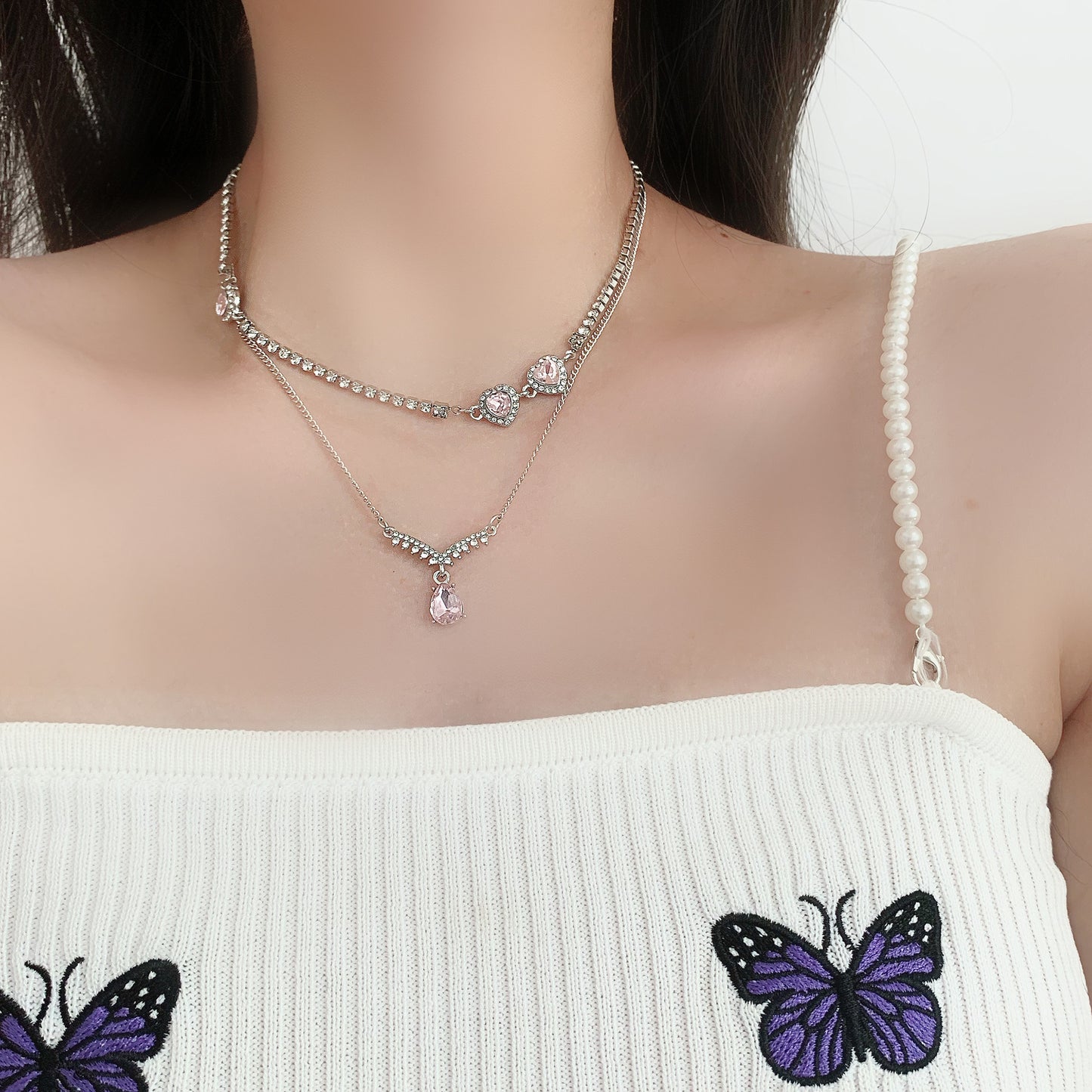 Luxury Pretty Girl Love Heart Crystal Double Chain Necklace