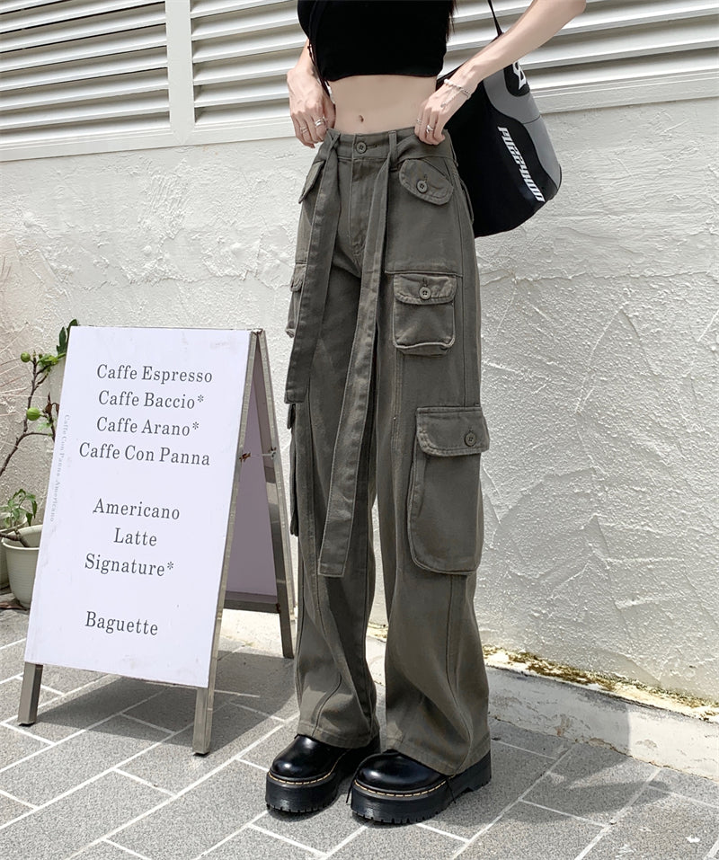 Street Pink Green Black Cream Denim Loose High Waist Pants