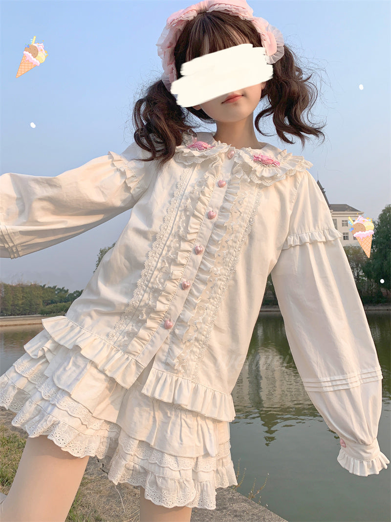 Doll Collar Elegant Lace Pink & White Long Sleeve T Shirt Blouse Top