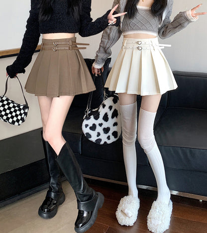 Double Heart Leather Belt Strap Brown White Black Pleated Mini Skirt