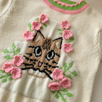 Tiger Cat Embroidery Short Sleeve Knit Top Shirt