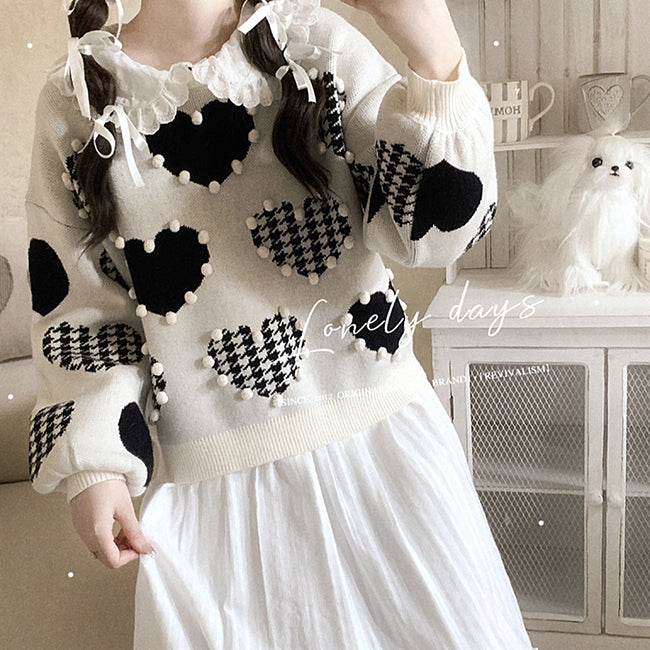 White Black Houndstooth Heart Vintage Japanese Style Retro Sweater