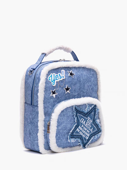 Y2K Denim Plush Fluff Silver Star Bag Backpack