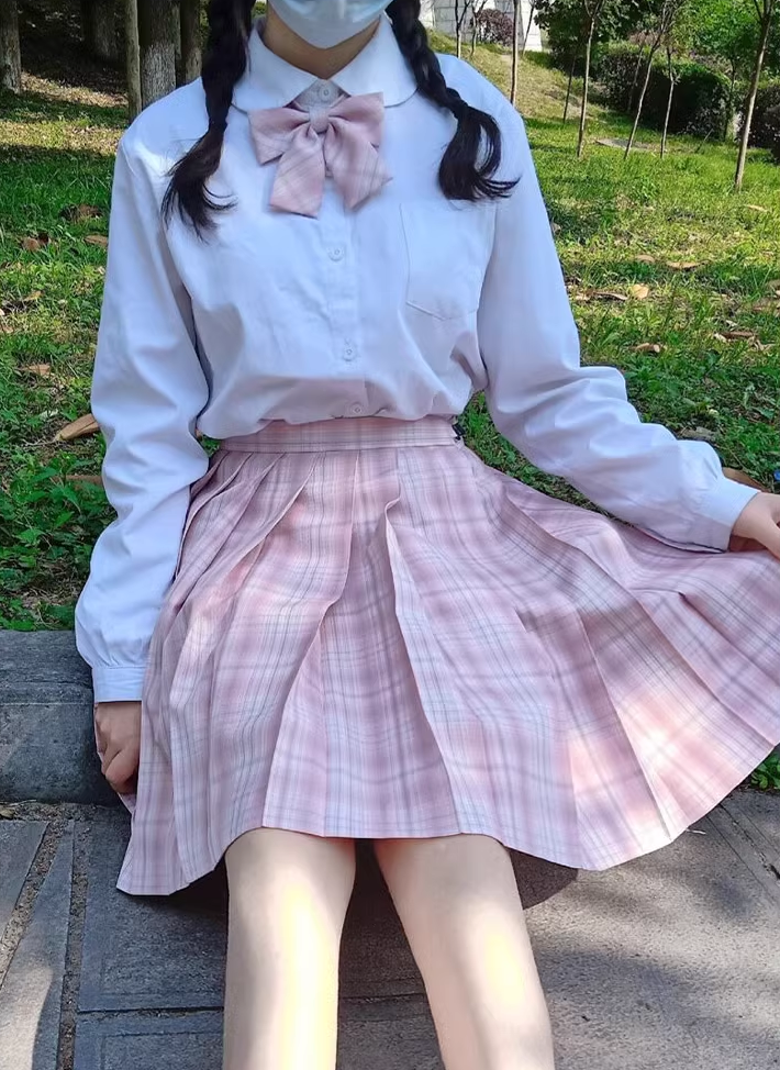 Plaid Pink Cherry Blossom Sakura Japanese Student Sailor Uniform Seifuku White Shirt & Skirt & Bow Tie Two Piece Set