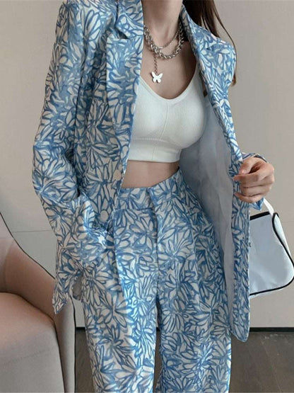 Blue Flower Chic Retro Spring Autumn Fall Fashion Women Jacket Suit Pant Trouser Two piece Set