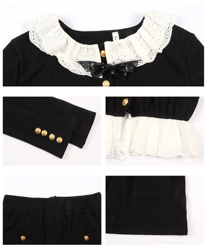 Doll Collar Classy Elegant Chic Fall Autumn Winter Bow Lace Black Knit Sweater Shirt Short Skirt Two Piece Set