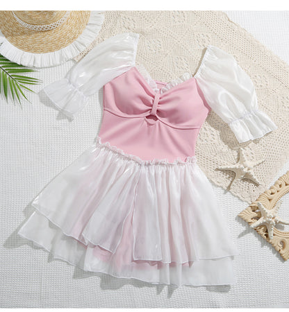 Plus Size Cute Sweet Pink White Puff Sleeve Dress Summer One Piece Swimsuit