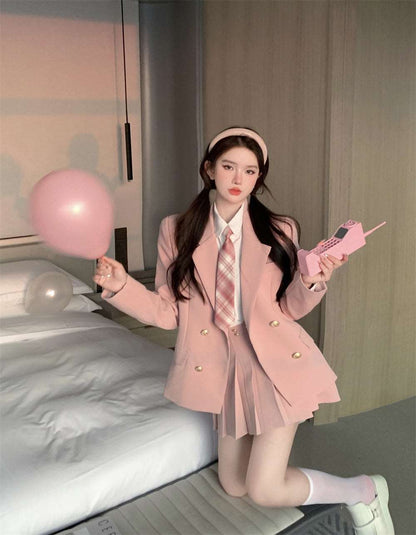 Classic Elegant Student Girl Sweet Spring Soft Black & Pink Suit Jacket Long Sleeve Shirt Skirt Three Piece Set