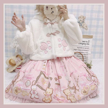 Japanese Fashion Girl Cute Autumn Winter Velvet Plush Rabbit Bunny Ears Blue Pink Paw White Jacket Coat