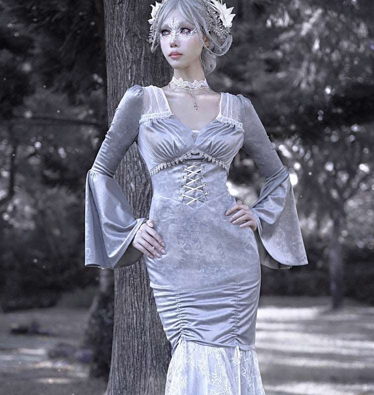 Swan Dream Gray Purple Embroidery European Style White Gothic Lace Princess Winter Fishtail Dress