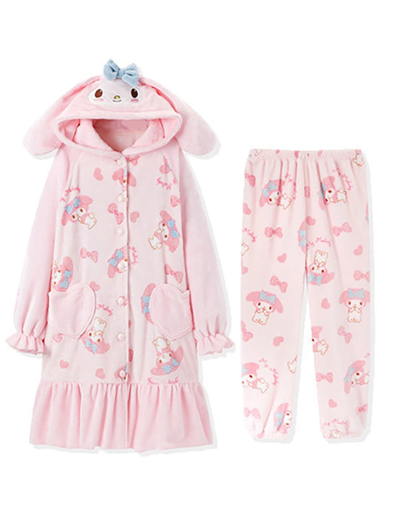 Pink Cartoon Melody Plush Coral Fleece Winter Pajamas Hooded Tops & Pants Two Piece