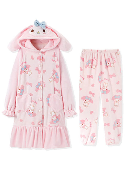 Pink Cartoon Melody Plush Coral Fleece Winter Pajamas Hooded Tops & Pants Two Piece