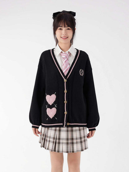 Black Pink Love Heart Emboidery School Girl Japanese Student Autumn Winter Cozy Comfy Knitted Cardigan