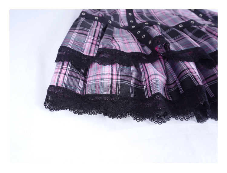 Punk Rock Girl Plaid Purple Black Lace Cake Short Mini Skirt