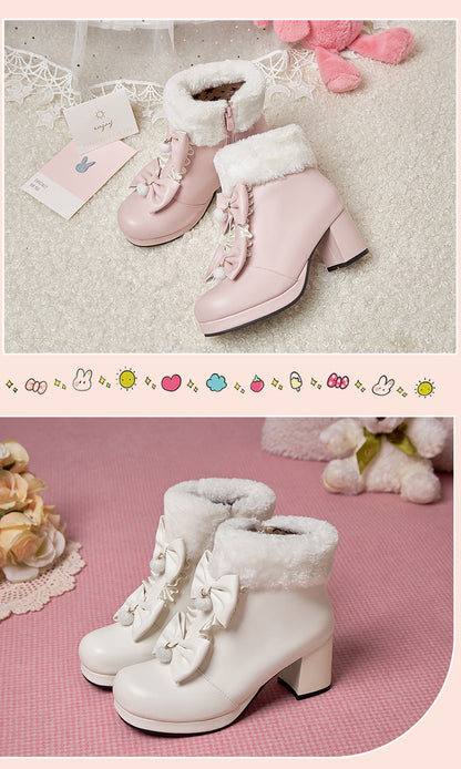 Princess Winter Fur Bow Decorated Black White Pink High Heels Shoes Boots