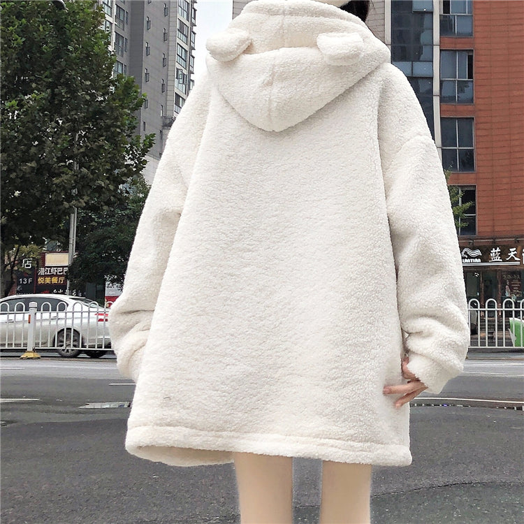 Cute Teddy Bear White Pink Autumn Winter Coat