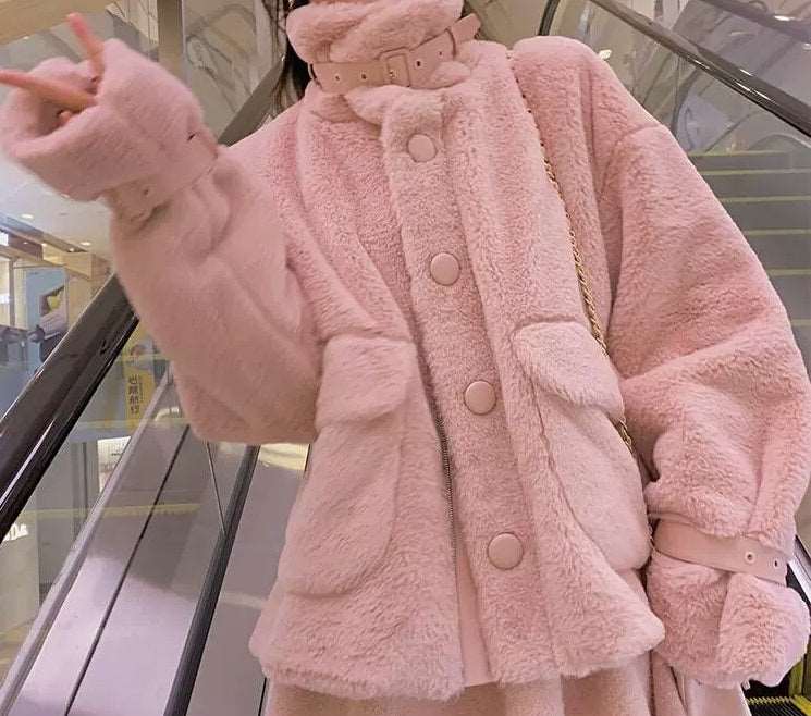 Acacia Plush Velvet Buckle Fur Warm Pink White Jacket Coat