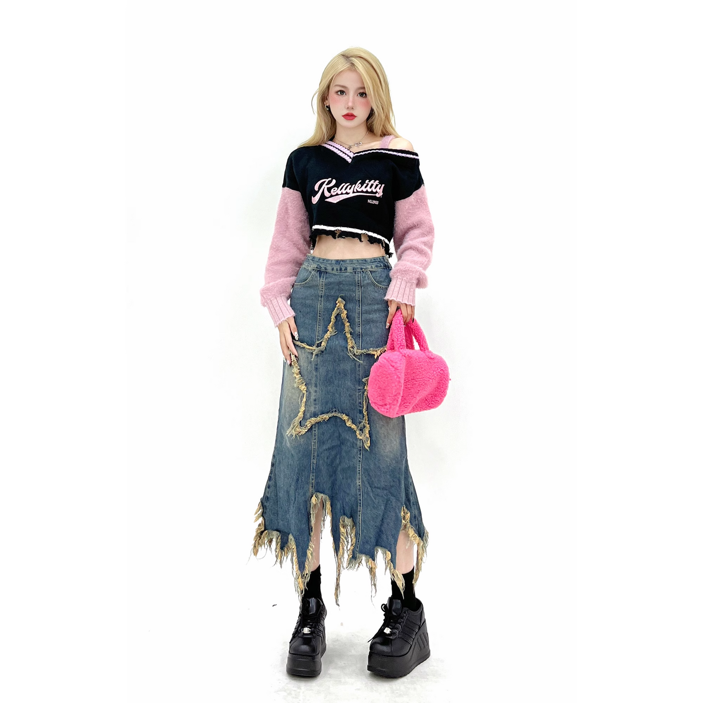 Y2K Sweet Spice Hot Girl Star Retro Vintage Irregular Denim Skirt