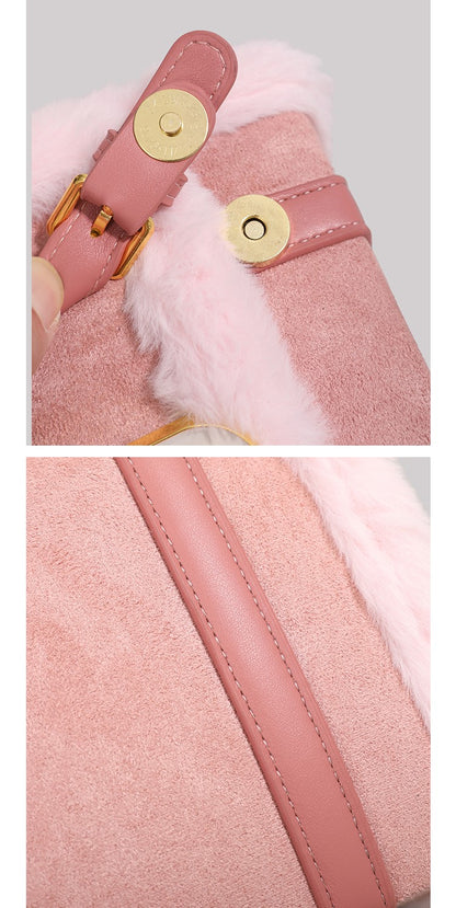 European Style Fluffy Fur Plush Black Brown Pink Leather Velvet Hangbag Shoulder Bag