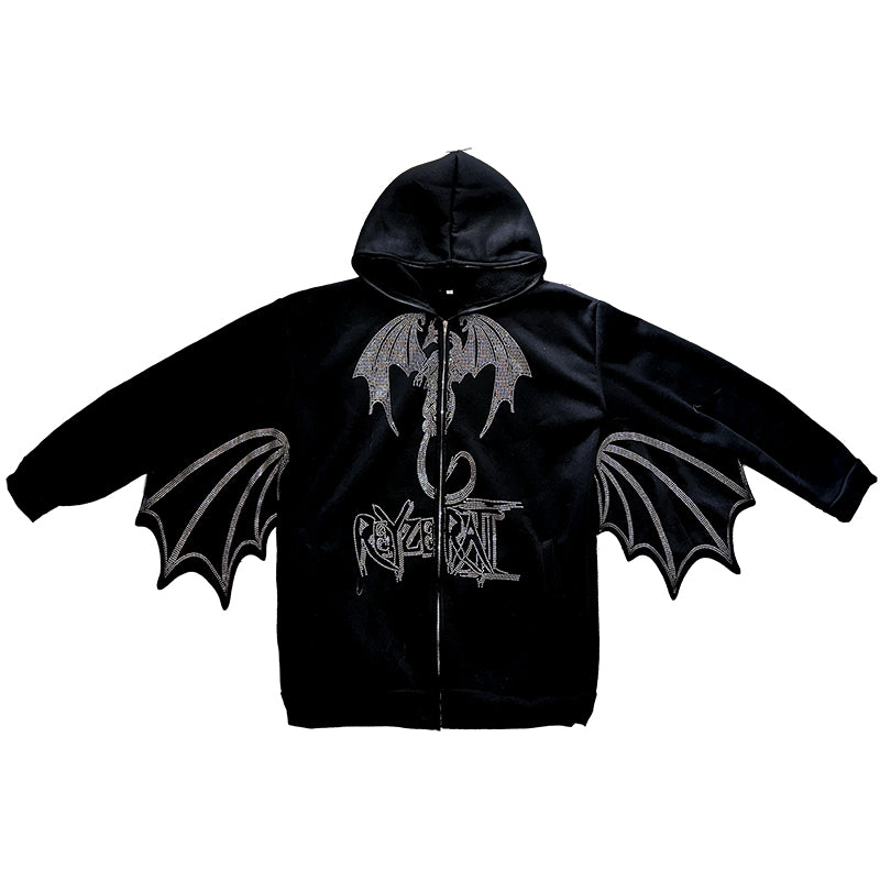 Black Dragon Wings Punk Y2K Streetwear Casual Jacket Hoodie