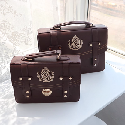 Retro Vintage Student Brown Black Leather Golden Button Crest Academia School College Briefcase Bag