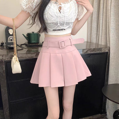 Summer Spring Girl Women White Black Pink High Waist Belt Pleated Skirt