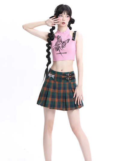 Y2K Plaid Red Green Yellow Purple High Waist Pleated Mini Skirt