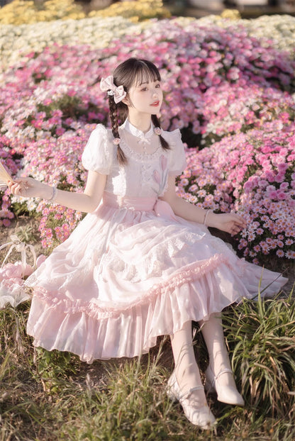 Tulip Princess Floral Flower Fairy Pink White Lace Bow Dollcore Puff Sleeve Dress