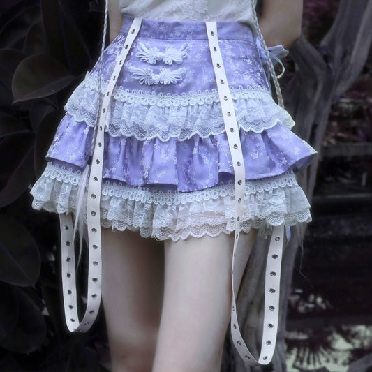 Salvation Gothic Punk Jacquard Buckle White Lace Lace Purple Short Cake Skirt