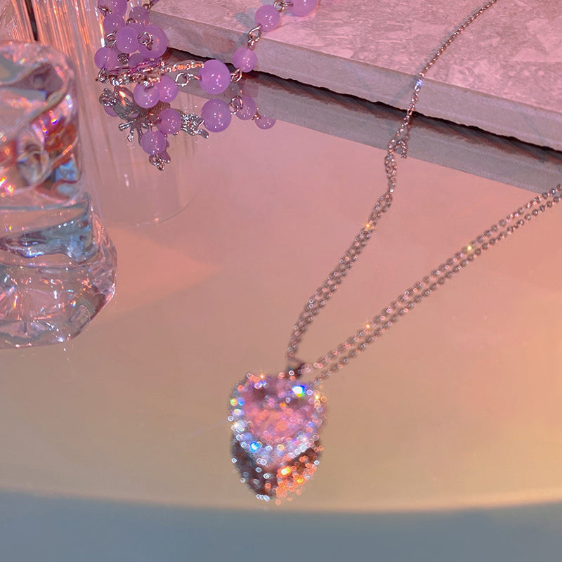 Luxury Sweet Icy Girl Pearl Diamond Heart Pendant Necklace