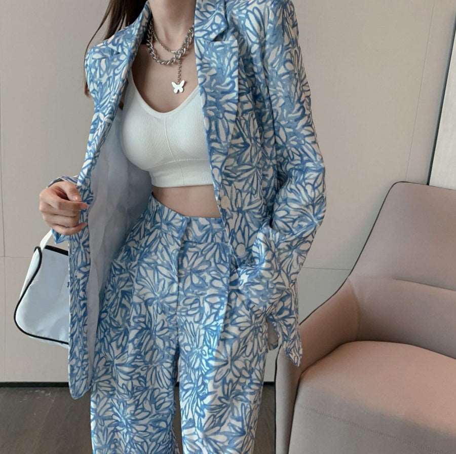 Blue Flower Chic Retro Spring Autumn Fall Fashion Women Jacket Suit Pant Trouser Two piece Set