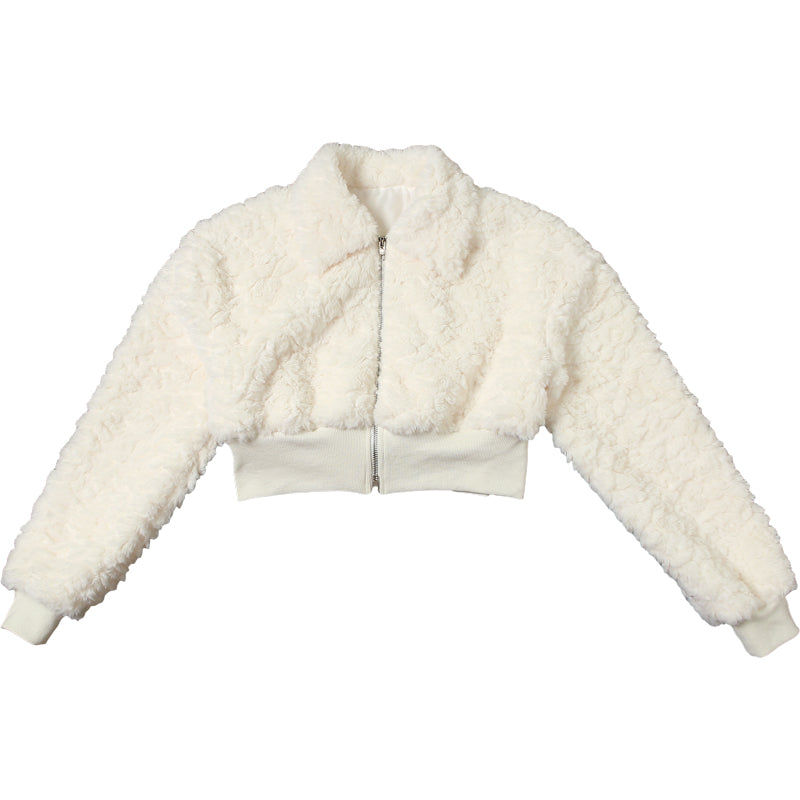 White Sweet & Cool Velvet Plush Woolen Zipper Short Jacket