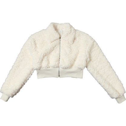 White Sweet & Cool Velvet Plush Woolen Zipper Short Jacket