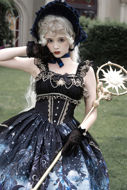 Dark Witch Starry Sky Sun Blue Black Gold Elegant Princess Strap Dress