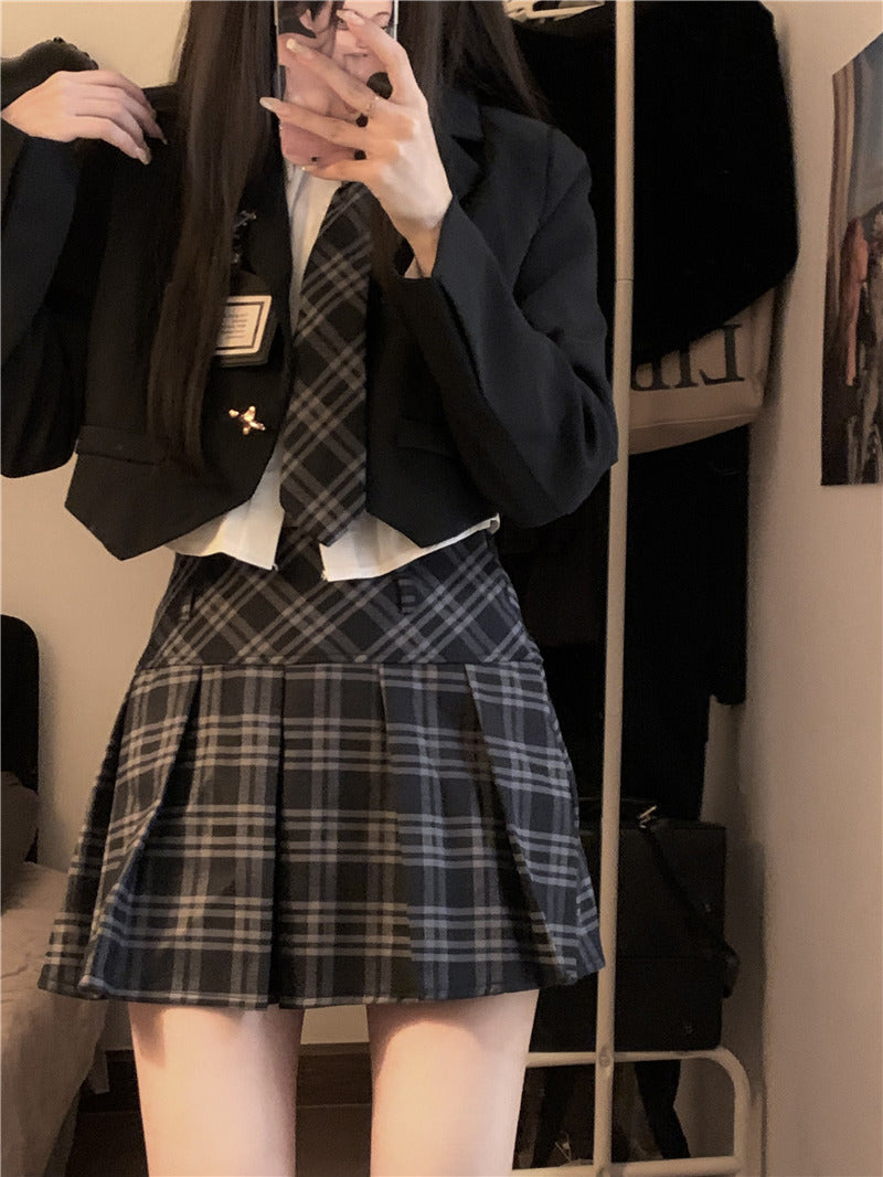 Dark Academia Brown & Navy Blue Blazer Jacket Long Sleeve Shirt Plaid Pleated Skirt Three Piece Set