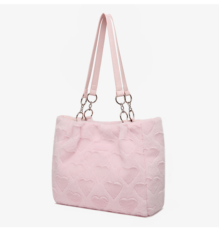 Plush Love Pastel Pink & White Heart Shaped Messenger Tote Bag