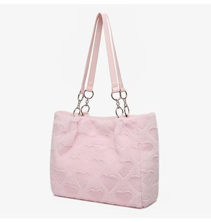 Plush Love Pastel Pink & White Heart Shaped Messenger Tote Bag