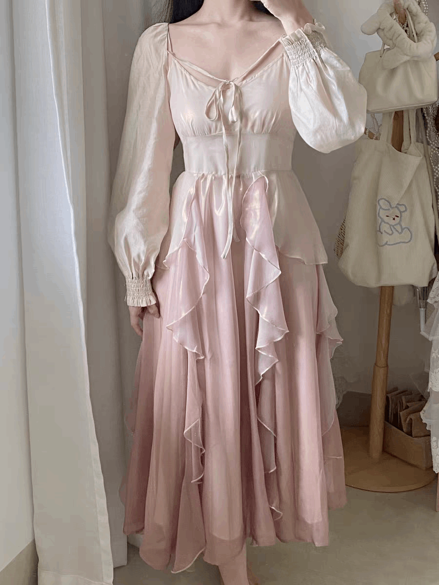 Fairy Flower Petal Classic Pink & Cream Strap Dress Cardigan Two Piece Set Set