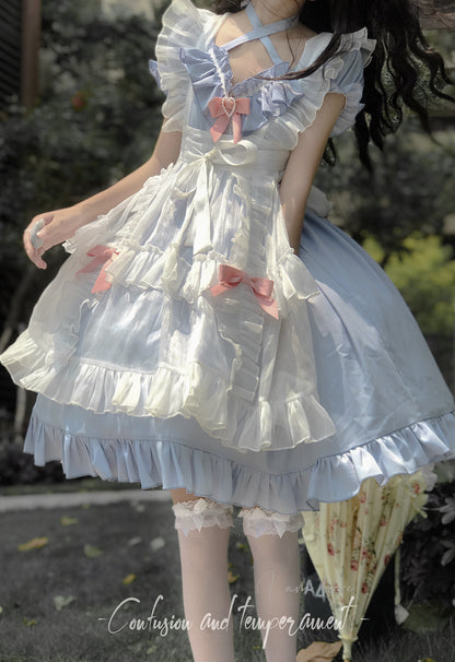 Elegant Magical Girl Blue Lace Dress with Pink Ribbon & White Apron