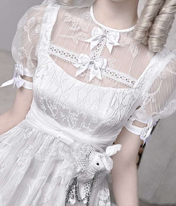 Blood Supply The White Doll Goth Bunny Chiffon High Waist Puff Sleeve Dress