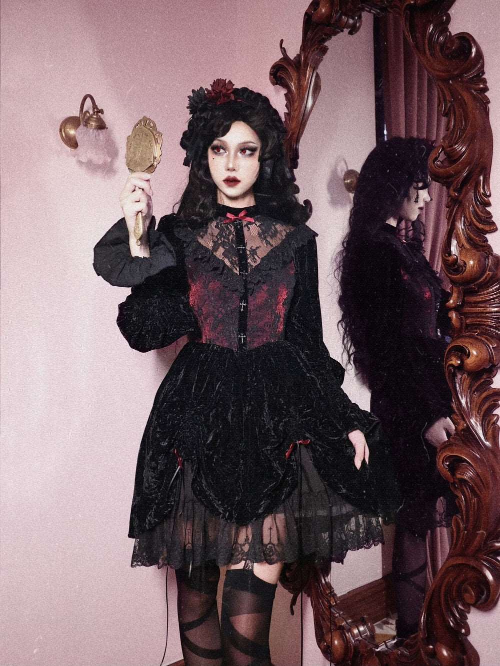 Dark Gothic Dream Rose Lace Drawstring Velvet Puff Sleeve Dress