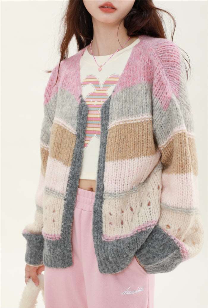 Brown Gray Pink Soft Girl Autumn Knitted Sweater Cardigan